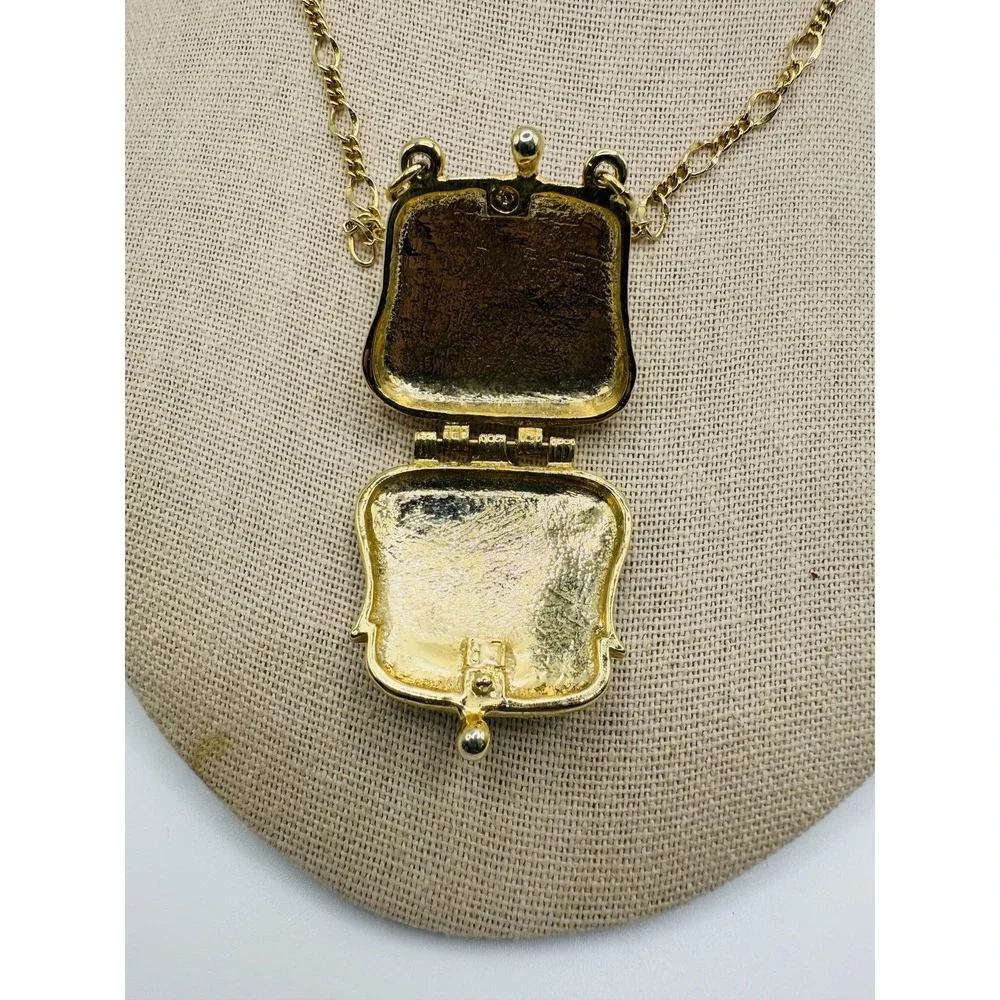 Gold Tone Purse‎ Locket Necklace Black Enamel Rhinestone Hinged Art Deco Style